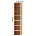Narrow 7-shelf walnut bookcase dimensions: 150 cm tall, 33 cm wide, 30 cm deep, shelf spacing 18 to 21 cm