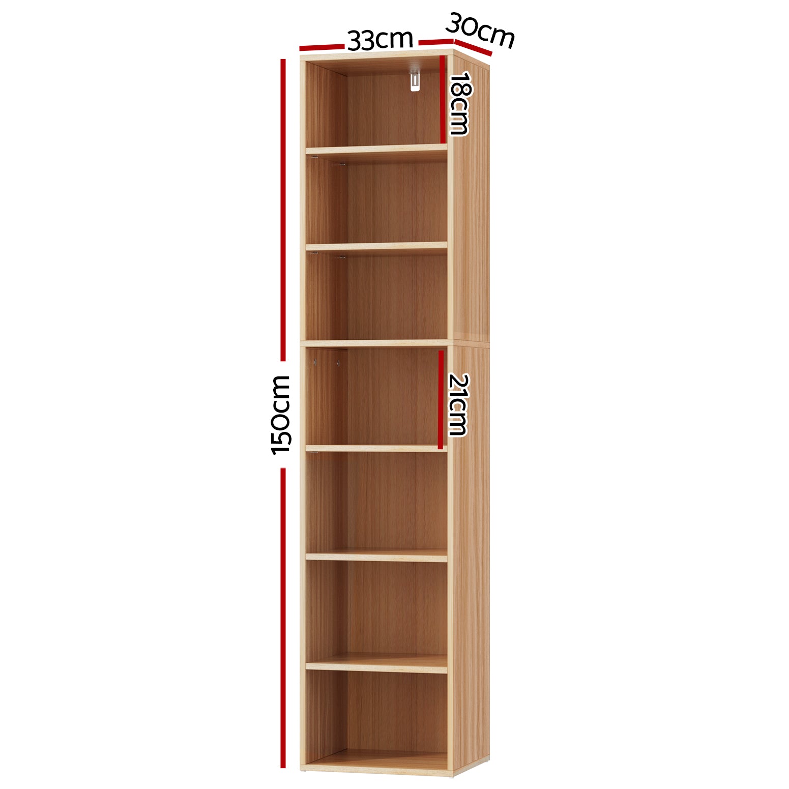 Narrow 7-shelf walnut bookcase dimensions: 150 cm tall, 33 cm wide, 30 cm deep, shelf spacing 18 to 21 cm