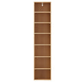 Narrow seven-tier column bookcase in light wood with walnut interior, empty, front view on white background