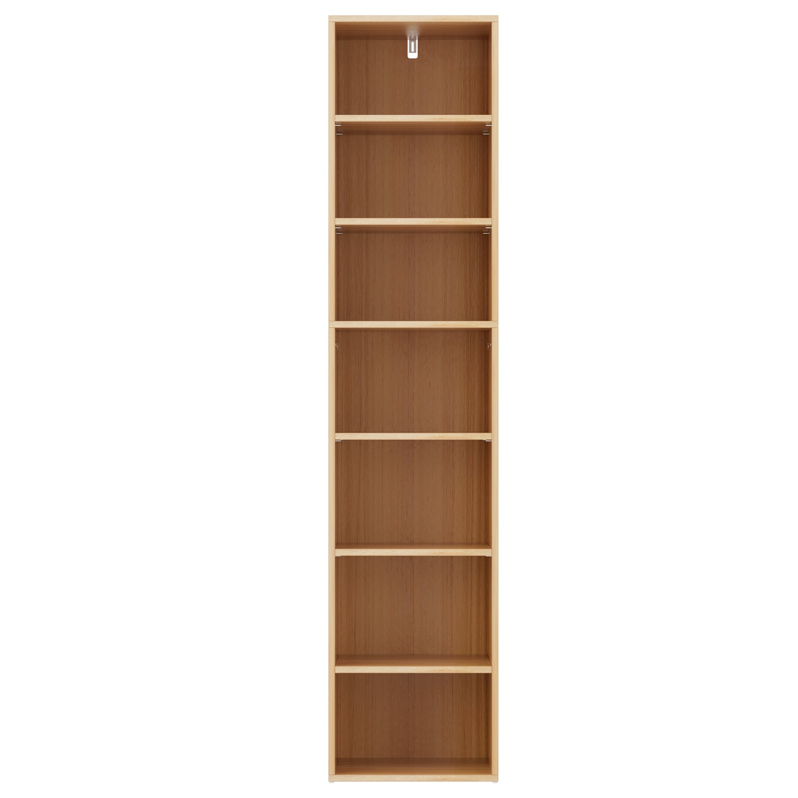Narrow seven-tier column bookcase in light wood with walnut interior, empty, front view on white background