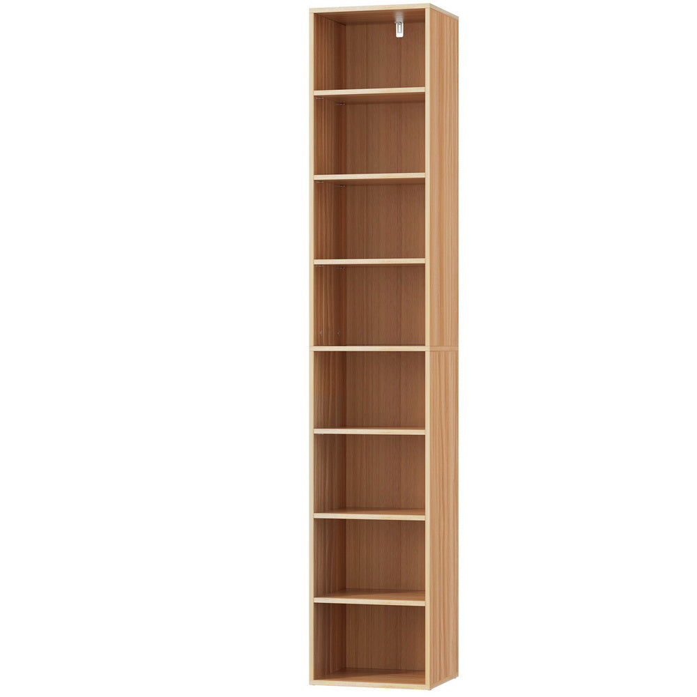 Narrow eight-tier column bookcase in light wood with walnut interior, empty, angle view on white background