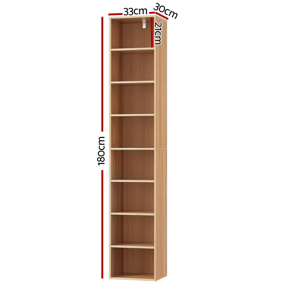 Narrow column bookcase dimensions: 33cm wide, 21cm deep, 180cm tall with eight open shelves