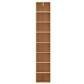 Narrow eight-tier column bookcase in light wood with walnut interior, empty, front view on white background