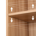Close-up of adjustable shelf inside narrow column bookcase showing peg hole positions and up-down adjustment arrows