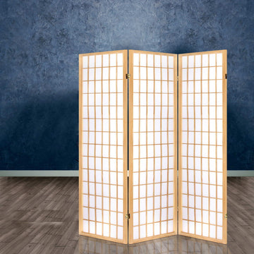 Natural pine 3-panel simple grid shoji room divider in lifestyle room with blue concrete textured wall and wood floor