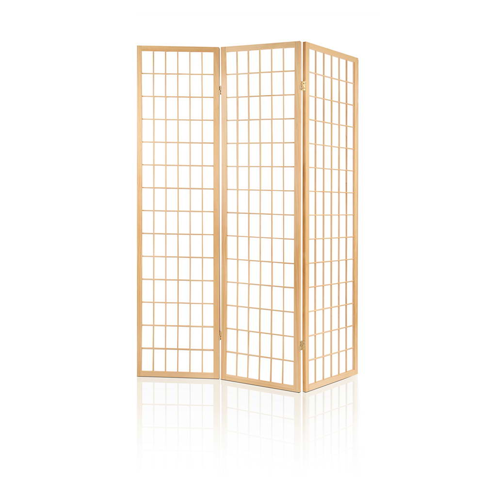 Natural pine 3-panel simple grid shoji room divider arc configuration on white background with gold hinges and rice paper