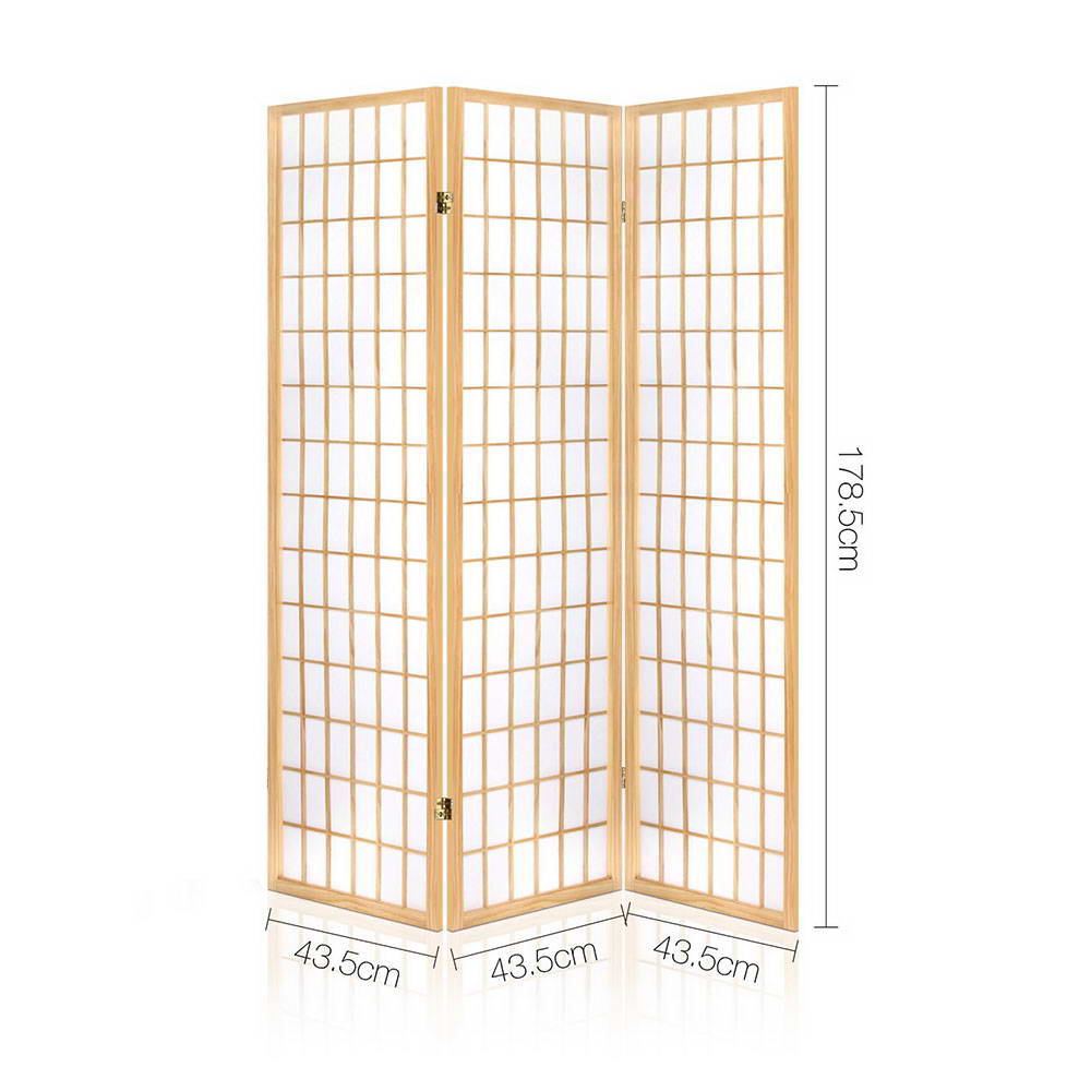 Natural pine 3-panel simple grid shoji room divider dimension diagram 43.5cm panel width and 178.5cm height