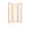 Natural pine 3-panel simple grid shoji room divider foldable open and compact folded configuration on white background