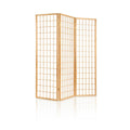 Natural pine 3-panel standard square grid shoji room divider angled open view on white background with gold hinges