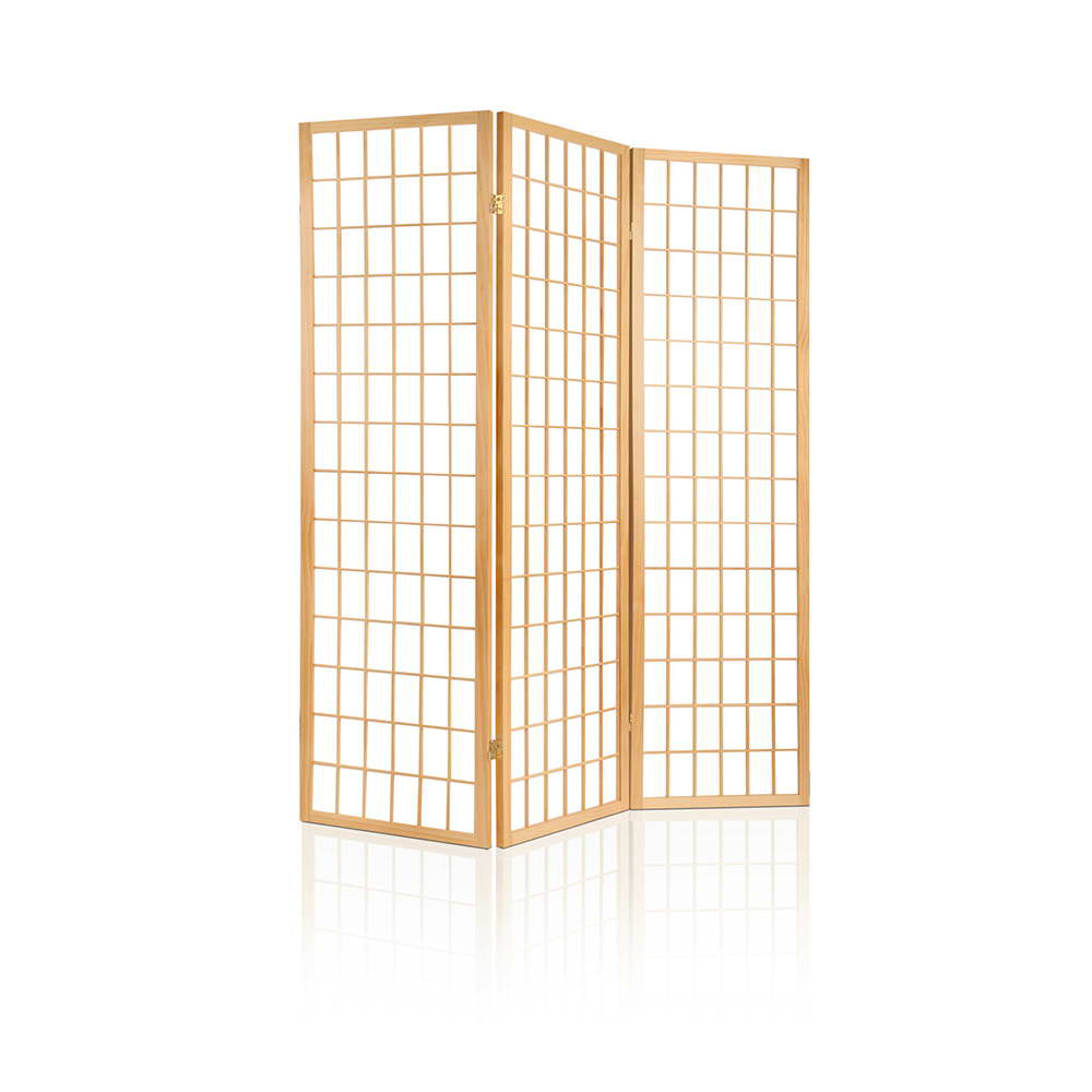 Natural pine 3-panel standard square grid shoji room divider angled open view on white background with gold hinges