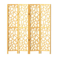 Natural pine 4-panel criss-cross geometric cutout room divider front view on white background with gold hinges