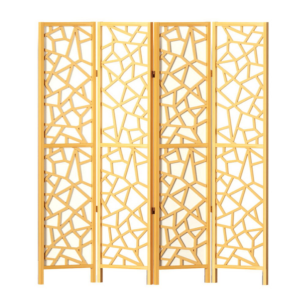 Natural pine 4-panel criss-cross geometric cutout room divider front view on white background with gold hinges