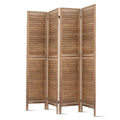 Natural 4-panel louvered wood room divider open angle view on white background showing depth of horizontal slat panels