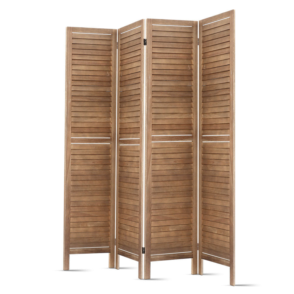 Natural 4-panel louvered wood room divider open angle view on white background showing depth of horizontal slat panels