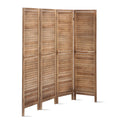 Natural 4-panel louvered wood room divider angled depth view on white background showing horizontal slat panels