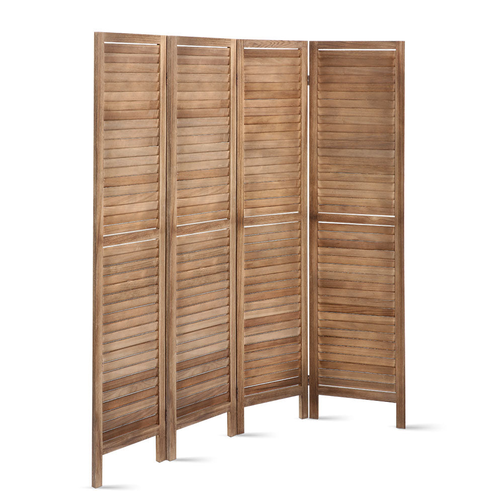 Natural 4-panel louvered wood room divider angled depth view on white background showing horizontal slat panels
