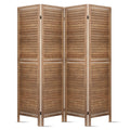Natural 4-panel louvered wood room divider arc configuration on white background with horizontal wood slat panels