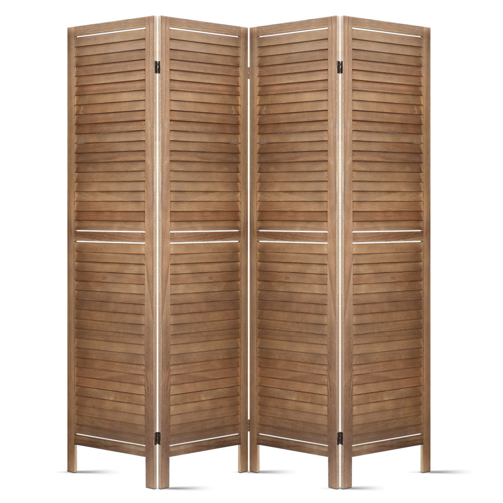 Natural 4-panel louvered wood room divider arc configuration on white background with horizontal wood slat panels
