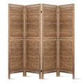 Natural 4-panel louvered wood room divider flat front view on white background with horizontal wood slat panels