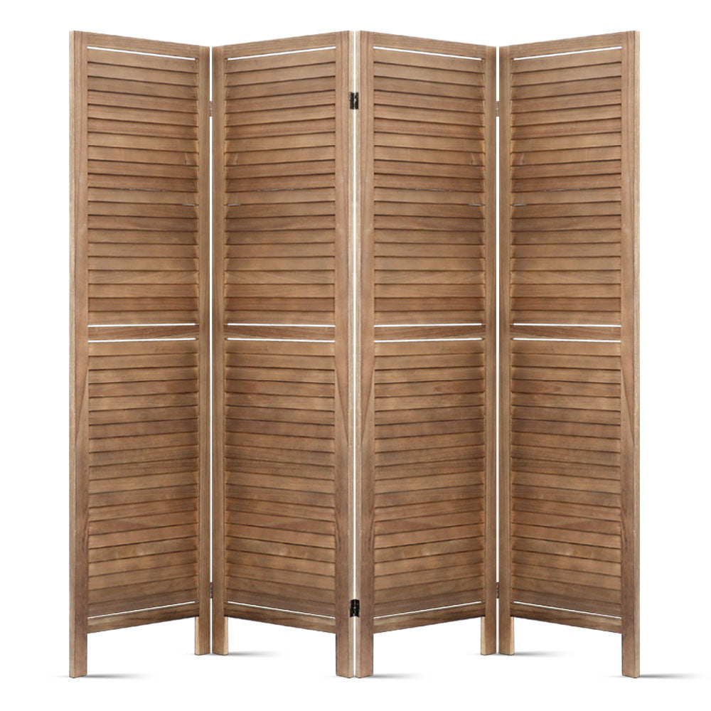 Natural 4-panel louvered wood room divider flat front view on white background with horizontal wood slat panels