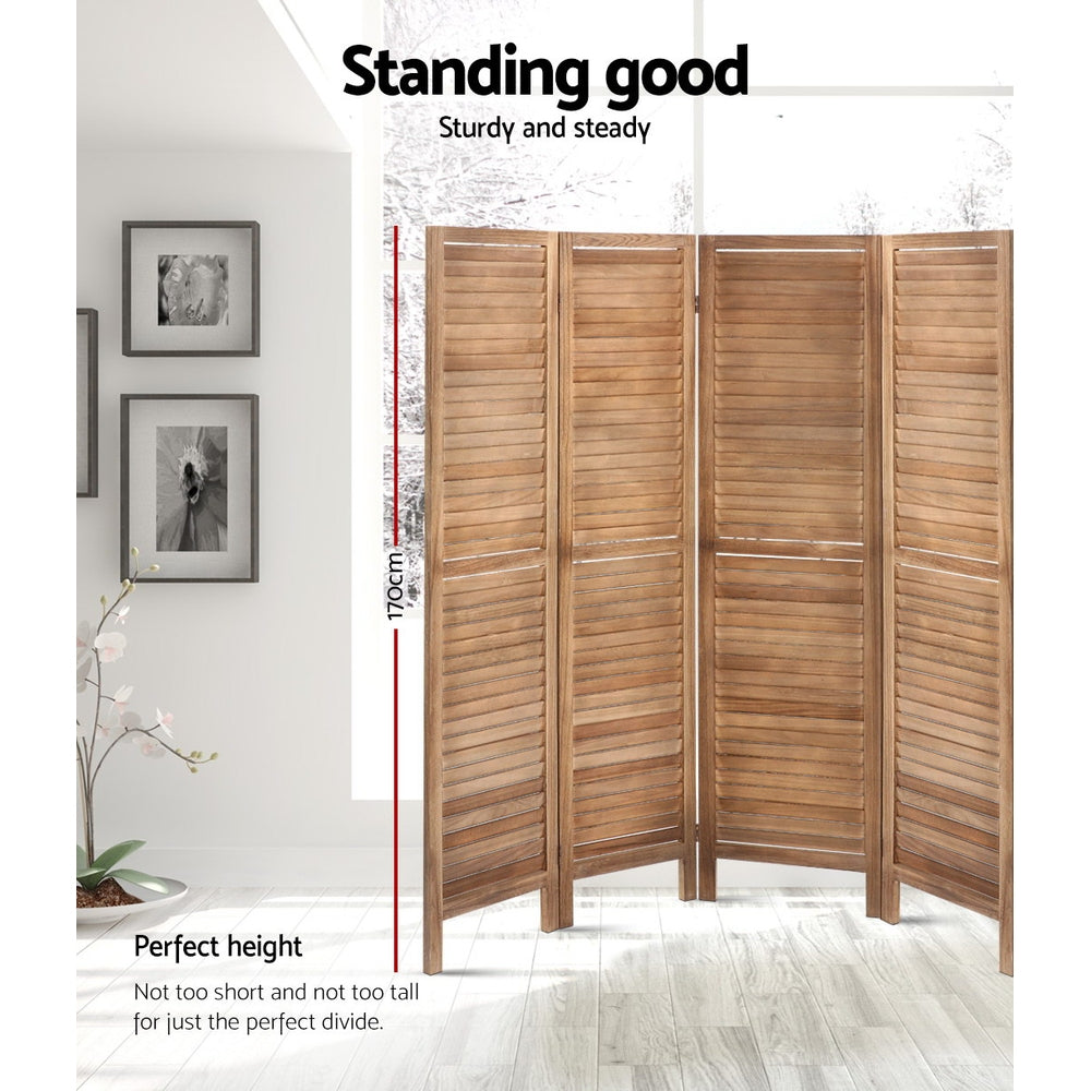 Natural 4-panel louvered wood room divider 170cm height infographic in lifestyle room with framed wall photos and orchid