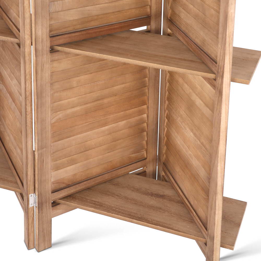 Natural 4-panel louvered wood room divider with shelves corner shelf close-up and gold hinge detail on white background