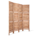Natural 4-panel louvered wood room divider with shelves arc view on white background with horizontal slat panels