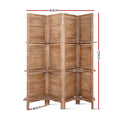 Natural 4-panel louvered wood room divider with shelves dimension diagram 163cm wide 170cm tall 40cm depth