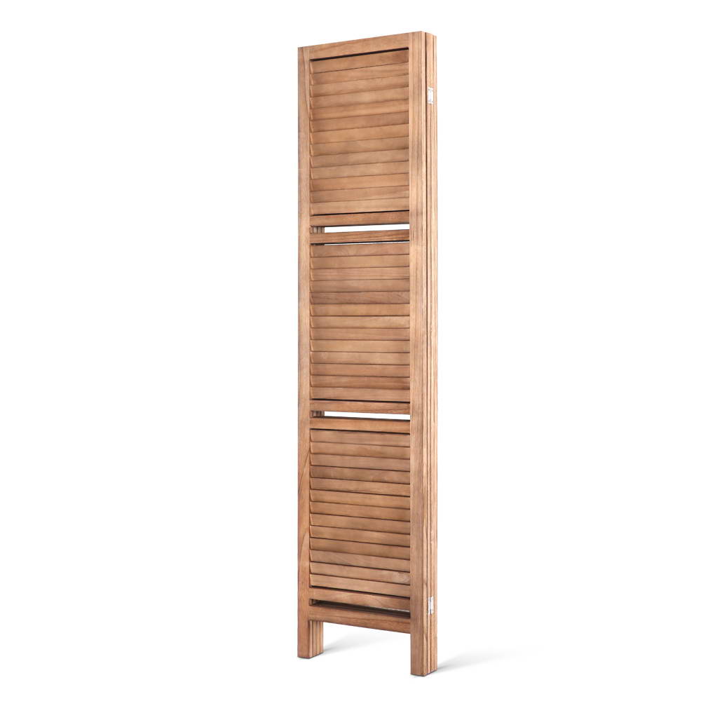 Natural 4-panel louvered wood room divider with shelves open and folded compact storage view on white background