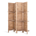 Natural 4-panel louvered wood room divider with 3-tier shelves flat front view on white background with horizontal slats
