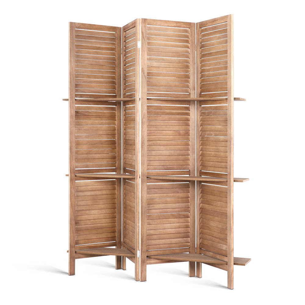 Natural 4-panel louvered wood room divider with 3-tier shelves flat front view on white background with horizontal slats