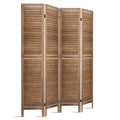 Natural 4-panel louvered wood room divider close front view on white background showing horizontal wood slat panels