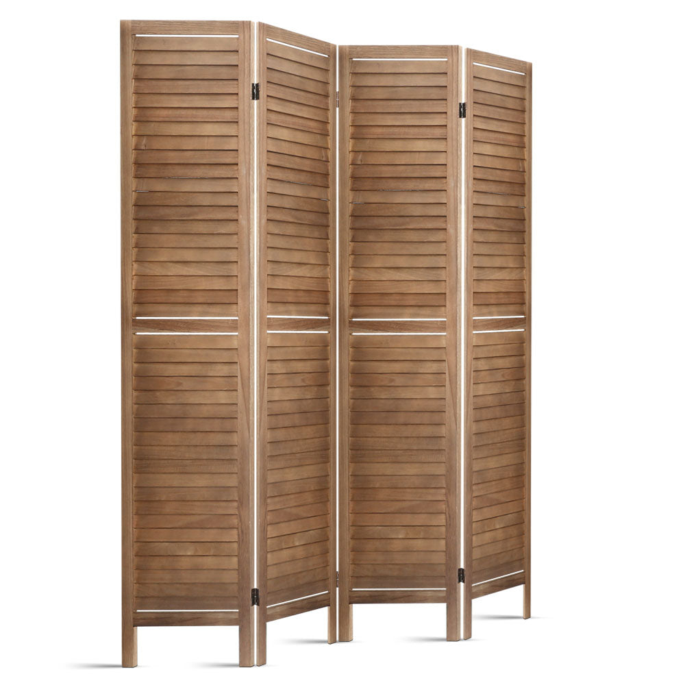 Natural 4-panel louvered wood room divider close front view on white background showing horizontal wood slat panels