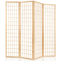 Natural pine 4-panel grid shoji room divider front view on white background with wood frame and rice paper panels
