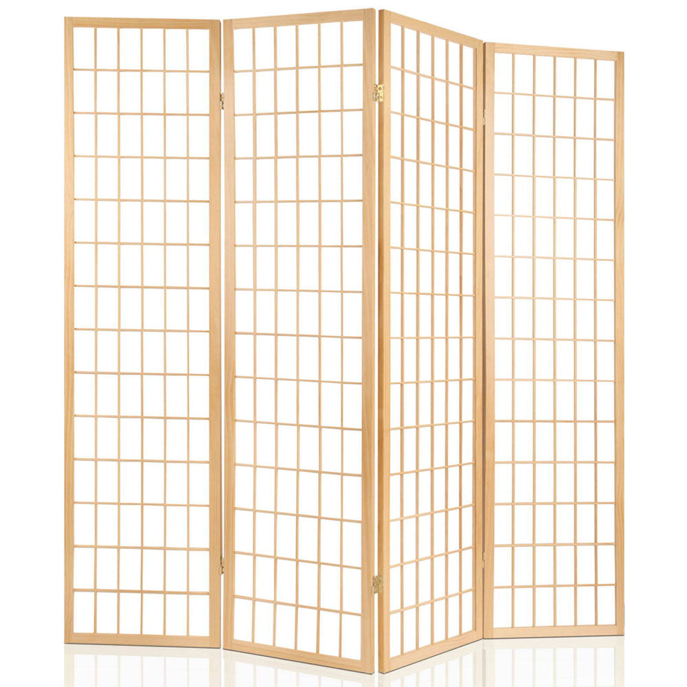 Natural pine 4-panel grid shoji room divider front view on white background with wood frame and rice paper panels