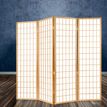 Natural pine 4-panel grid shoji room divider in room with dark stone textured wall and reflective floor