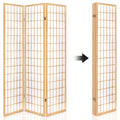 Natural pine 4-panel grid shoji room divider foldable design showing open configuration and compact folded storage