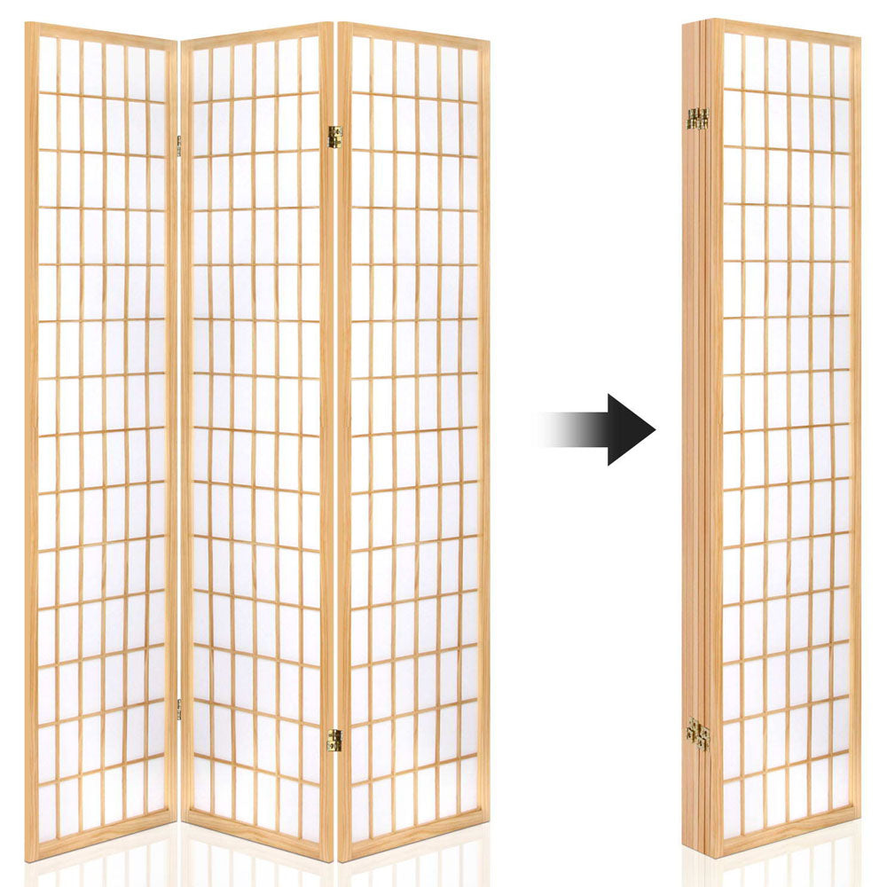 Natural pine 4-panel grid shoji room divider foldable design showing open configuration and compact folded storage