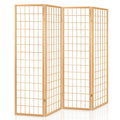 Natural pine 4-panel fabric grid shoji room divider angled open view on white background with gold hinges and wood frame