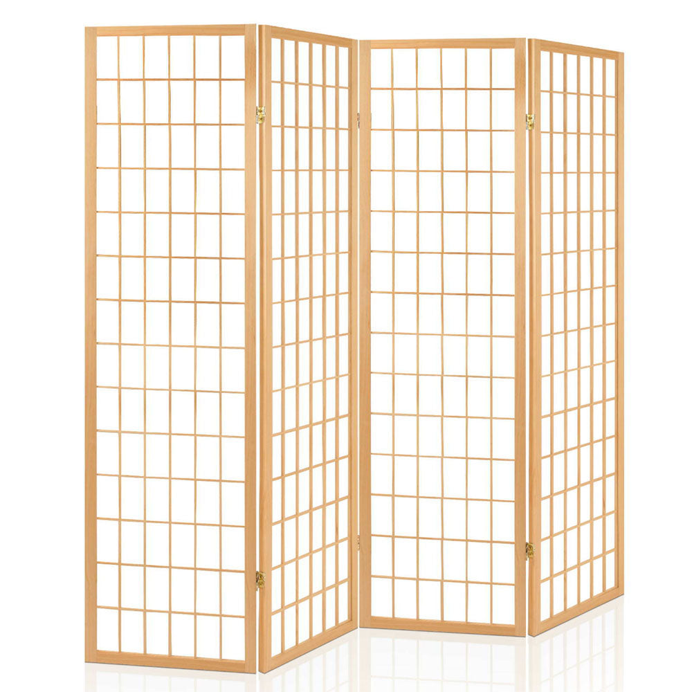 Natural pine 4-panel fabric grid shoji room divider angled open view on white background with gold hinges and wood frame