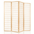 Natural pine 4-panel fabric grid shoji room divider open arc configuration on white background with wood frame