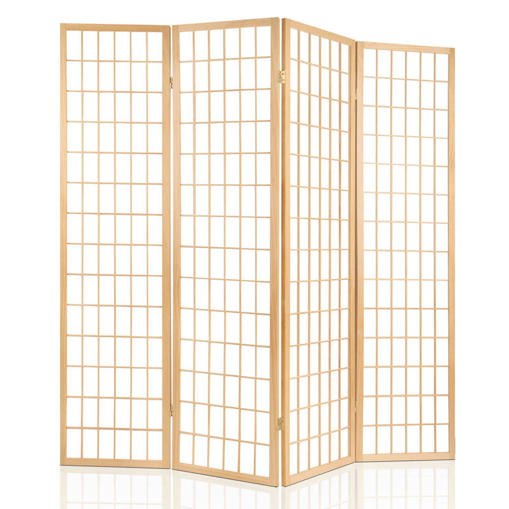 Natural pine 4-panel fabric grid shoji room divider open arc configuration on white background with wood frame