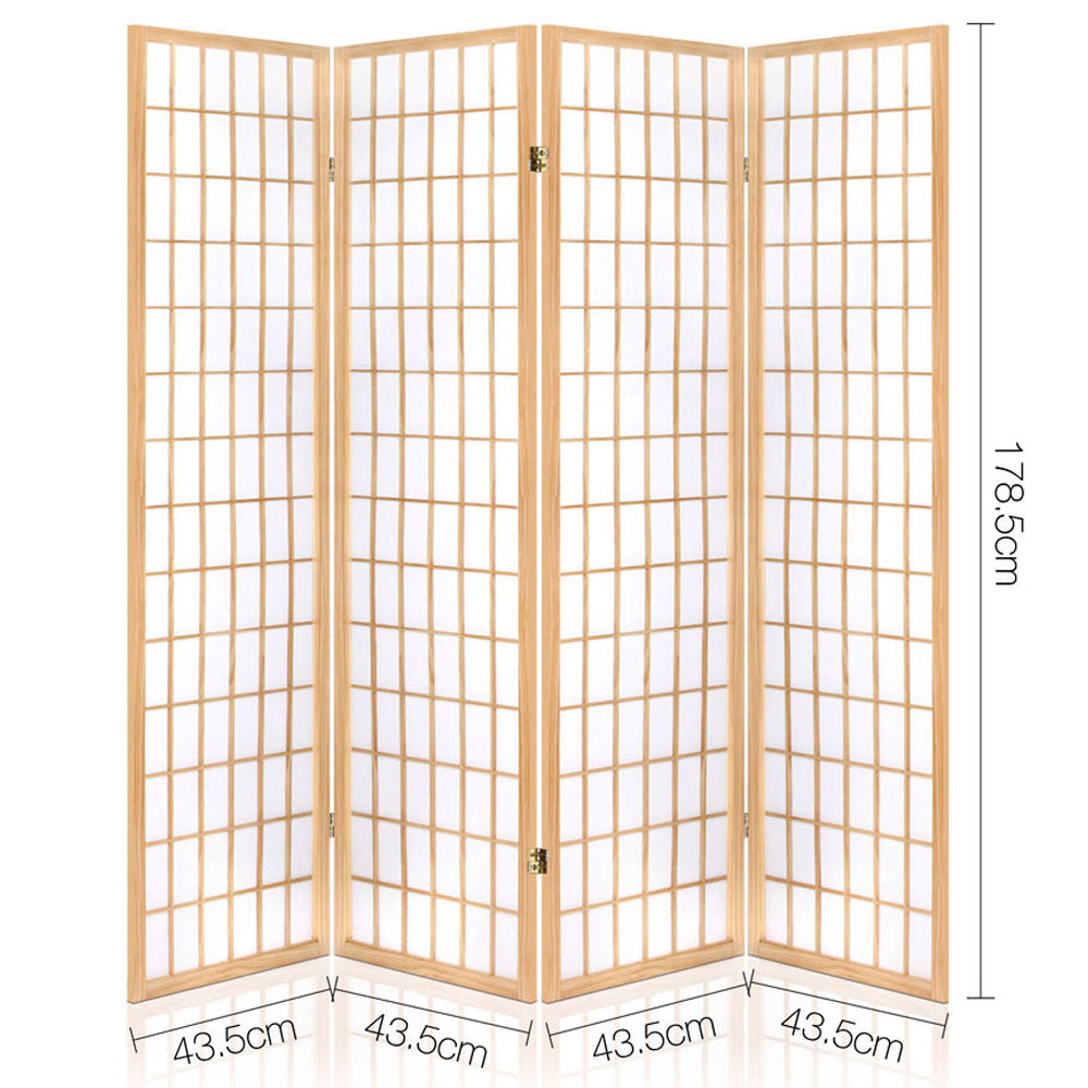 Natural pine 4-panel fabric grid shoji room divider dimension diagram 43.5cm panel width 178.5cm height flat front view