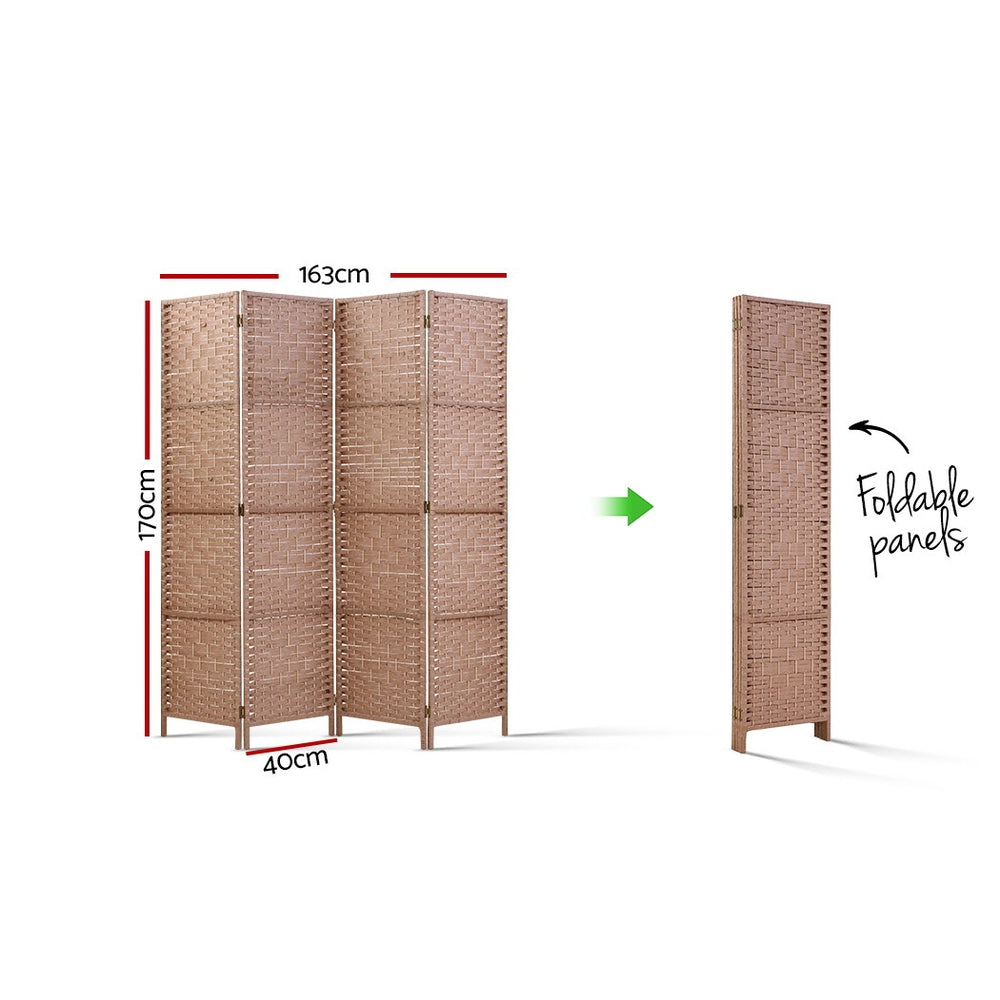 Natural 4-panel woven paper rope room divider dimension diagram 163cm wide 170cm tall 40cm depth with foldable compact view