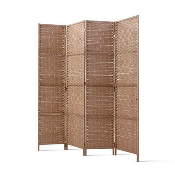 Natural 4-panel woven paper rope room divider flat front view on white background with beige woven panels and wood feet