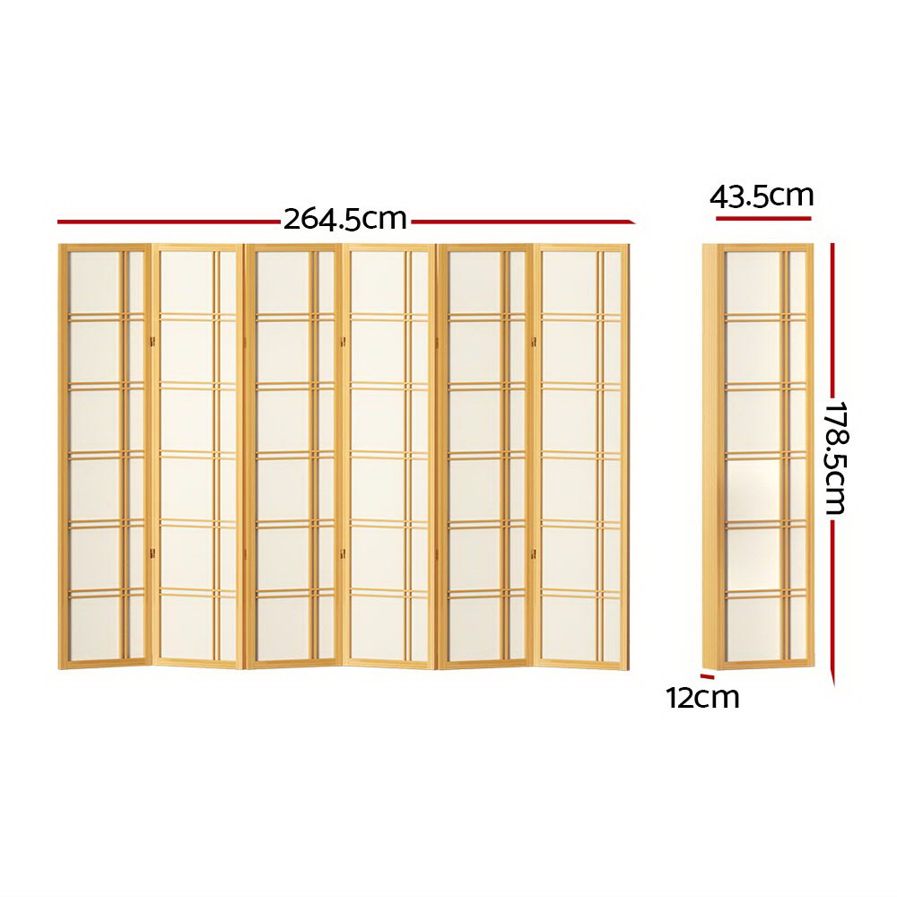 Natural pine 6-panel crosshatch shoji room divider dimension diagram 264.5cm wide 178.5cm tall 43.5cm panel 12cm depth