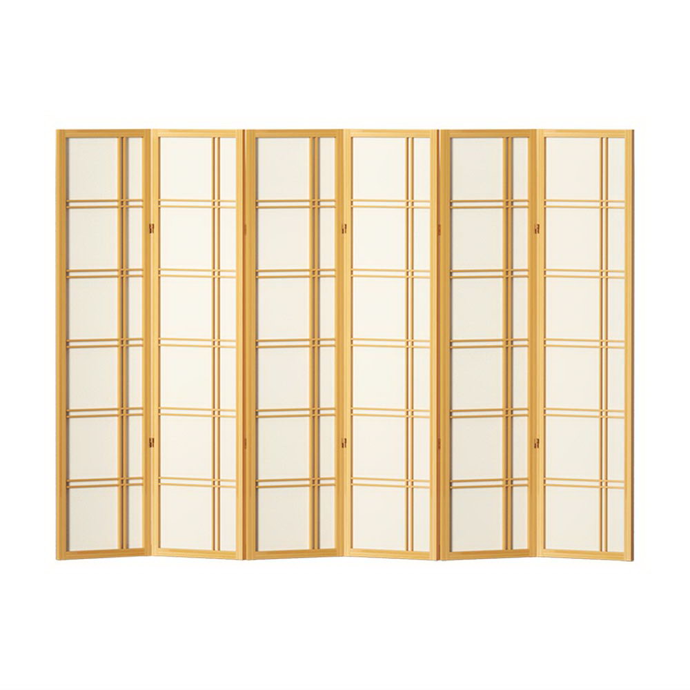 Natural pine 6-panel crosshatch shoji room divider flat front view on white background with all six panels open