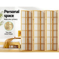 Natural pine 6-panel grid shoji divider in bedroom lifestyle with personal space and two-way gold metal hinges callout