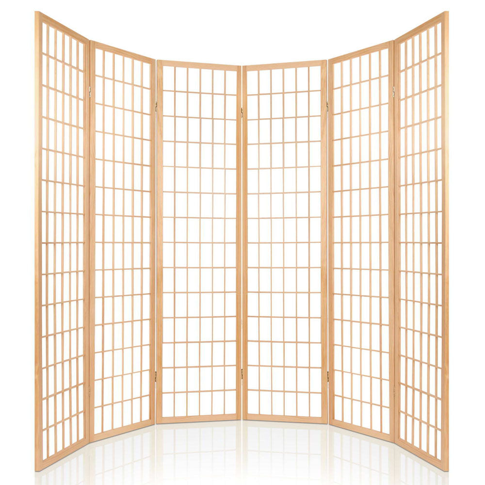 Natural pine 6-panel grid shoji room divider arc configuration view on white background with wood frame and rice paper panels