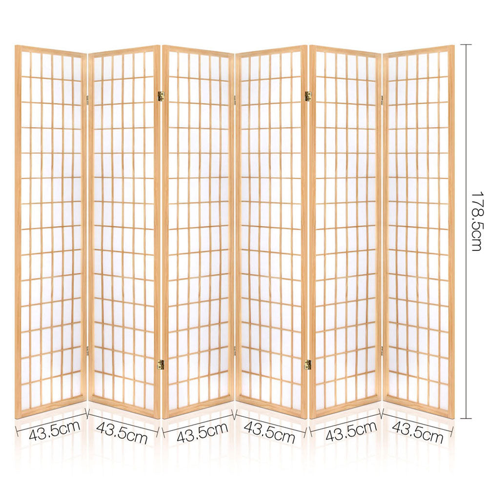 Natural pine 6-panel grid shoji room divider dimension diagram six panels 43.5cm each and 178.5cm tall